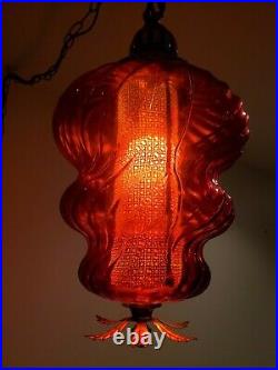 VTG Red Glass Swirl Globe Swag Hanging Light Mid Century Lamp PLEASE READ DESCR