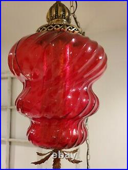 VTG Red Glass Swirl Globe Swag Hanging Light Mid Century Lamp PLEASE READ DESCR