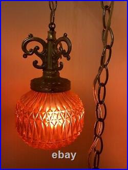 VTG Red Swag Hanging Light Pineapple Cut Glass Globe Mid Century Lamp Plug In