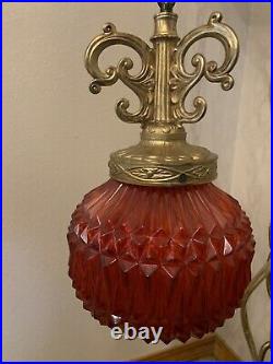 VTG Red Swag Hanging Light Pineapple Cut Glass Globe Mid Century Lamp Plug In