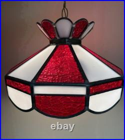 VTG? Red White Slag Glass Hanging Bar Pool Tiffany Style MCM Swag Lamp 3 Light