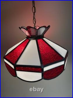 VTG? Red White Slag Glass Hanging Bar Pool Tiffany Style MCM Swag Lamp 3 Light