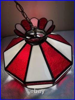 VTG? Red White Slag Glass Hanging Bar Pool Tiffany Style MCM Swag Lamp 3 Light