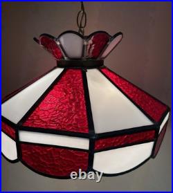 VTG? Red White Slag Glass Hanging Bar Pool Tiffany Style MCM Swag Lamp 3 Light
