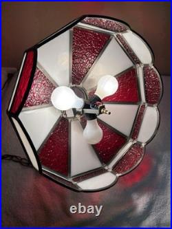 VTG? Red White Slag Glass Hanging Bar Pool Tiffany Style MCM Swag Lamp 3 Light