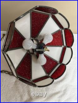 VTG? Red White Slag Glass Hanging Bar Pool Tiffany Style MCM Swag Lamp 3 Light