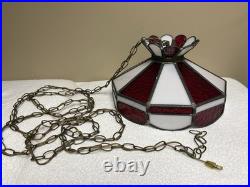 VTG? Red White Slag Glass Hanging Bar Pool Tiffany Style MCM Swag Lamp 3 Light