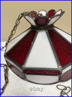 VTG? Red White Slag Glass Hanging Bar Pool Tiffany Style MCM Swag Lamp 3 Light