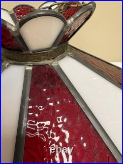 VTG? Red White Slag Glass Hanging Bar Pool Tiffany Style MCM Swag Lamp 3 Light