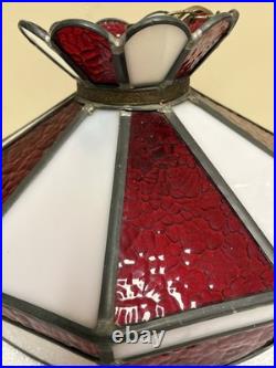 VTG? Red White Slag Glass Hanging Bar Pool Tiffany Style MCM Swag Lamp 3 Light