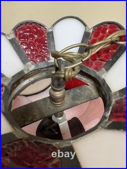 VTG? Red White Slag Glass Hanging Bar Pool Tiffany Style MCM Swag Lamp 3 Light
