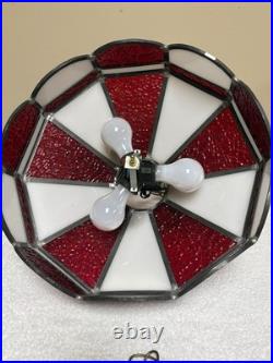 VTG? Red White Slag Glass Hanging Bar Pool Tiffany Style MCM Swag Lamp 3 Light
