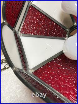 VTG? Red White Slag Glass Hanging Bar Pool Tiffany Style MCM Swag Lamp 3 Light