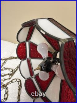 VTG? Red White Slag Glass Hanging Bar Pool Tiffany Style MCM Swag Lamp 3 Light