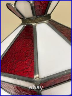 VTG? Red White Slag Glass Hanging Bar Pool Tiffany Style MCM Swag Lamp 3 Light