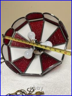 VTG? Red White Slag Glass Hanging Bar Pool Tiffany Style MCM Swag Lamp 3 Light
