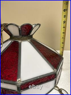 VTG? Red White Slag Glass Hanging Bar Pool Tiffany Style MCM Swag Lamp 3 Light