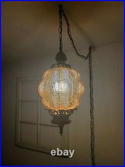 VTG Swag Hanging Light Amber Crackle Bubble Glass Mid Century Plug Lamp REWIRED
