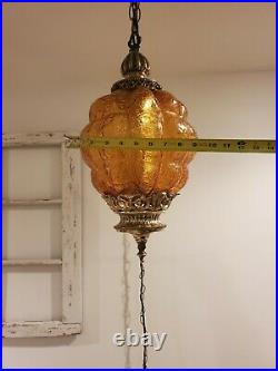 VTG Swag Hanging Light Amber Crackle Bubble Glass Mid Century Plug Lamp REWIRED