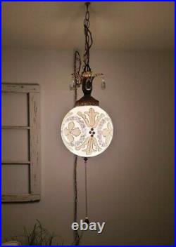 VTG Swag Hanging Light Hand Painted Gold Mid Century Regency Glam Lamp Plug In