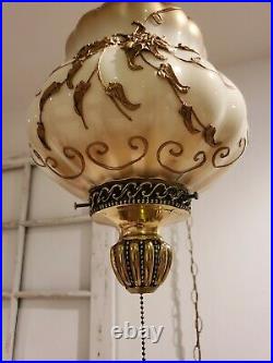 VTG Swag Hanging Light Raised Metal Flower Mid Century Regency Glam Lamp Plug In