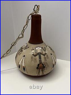 VTG Swag Lamp Round Stretch Hanging Chain Southwestern Sand Art Kachina Feathers