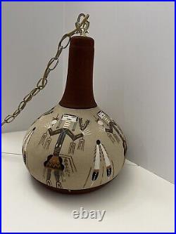 VTG Swag Lamp Round Stretch Hanging Chain Southwestern Sand Art Kachina Feathers