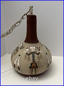 VTG Swag Lamp Round Stretch Hanging Chain Southwestern Sand Art Kachina Feathers