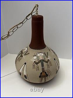 VTG Swag Lamp Round Stretch Hanging Chain Southwestern Sand Art Kachina Feathers