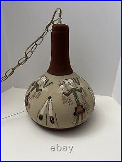 VTG Swag Lamp Round Stretch Hanging Chain Southwestern Sand Art Kachina Feathers