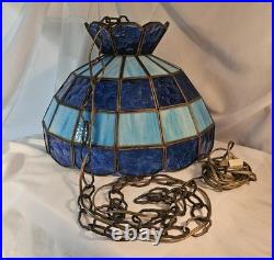 VTG Tiffany Stlye Stained Glass Hanging Swag Lamp Blue & Light Blue Color