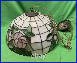 VTG Tiffany Style Stained Glass Hanging Light / Lamp Shade Floral Design 16 Di