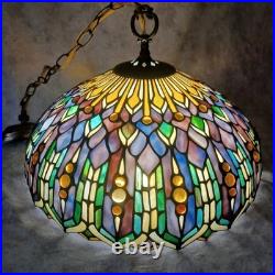 VTG Tiffany style hanging light 17.5 across stain glass deco ceiling statement