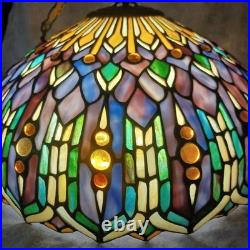 VTG Tiffany style hanging light 17.5 across stain glass deco ceiling statement