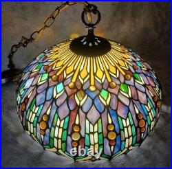 VTG Tiffany style hanging light 17.5 across stain glass deco ceiling statement