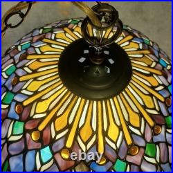 VTG Tiffany style hanging light 17.5 across stain glass deco ceiling statement