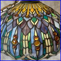 VTG Tiffany style hanging light 17.5 across stain glass deco ceiling statement