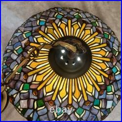 VTG Tiffany style hanging light 17.5 across stain glass deco ceiling statement