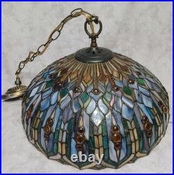 VTG Tiffany style hanging light 17.5 across stain glass deco ceiling statement