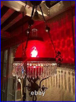VTG Victorian Hanging Library Oil Lamp withRuby Red Glass Shade, 59 Prisms, 38 H