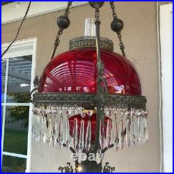 VTG Victorian Hanging Library Oil Lamp withRuby Red Glass Shade, 59 Prisms, 38 H