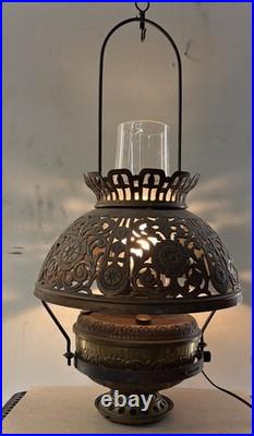 VTG Victorian Pierced Brass Hanging Parlor Lamp Electrified Swag Light Works