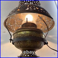 VTG Victorian Pierced Brass Hanging Parlor Lamp Electrified Swag Light Works