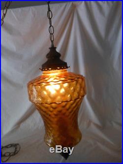 VTG retro Hollywood Regency diffuser hanging swag light lamp chain amber huge