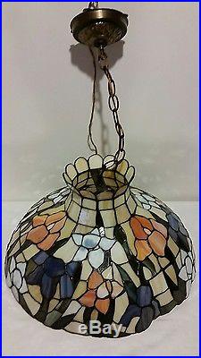 Very Large Vintage Stained Glass Hanging Lamp 20 Diameter Tiffany Style