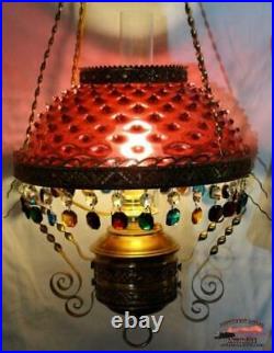 Victorian 14 dia. Cranberry Hobnail Hanging Parlor Lamp
