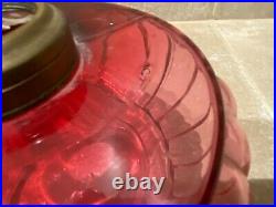 Victorian Antique 13-5/8 Cranberry Opalescent Ribbed Hanging Oil Lamp Shade