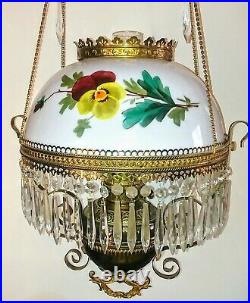 Victorian Bradley & Hubbard Hanging Library Oil Lamp Pansy Hand Painted Shade