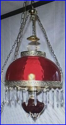 Victorian Hanging Parlor Lamp Crystal Prisms Vintage NO SHADE! (Ruby Red Glass)