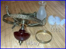 Victorian Hanging Parlor Lamp Crystal Prisms Vintage NO SHADE! (Ruby Red Glass)